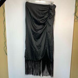 Black Satin Fringe Front and Back Slit Skirt Size Small